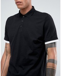 Asos Longline Polo Shirt With Contrast Cuff And Hem Extender In Blackwhite