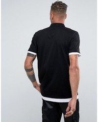 Asos Longline Polo Shirt With Contrast Cuff And Hem Extender In Blackwhite