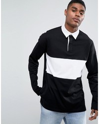 Asos Oversized Long Sleeve Rugby Polo Shirt With Contrast Panel In Black
