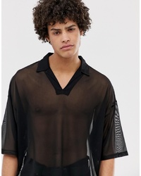 ASOS DESIGN Oversized Longline Revere Polo Shirt In Fine Mesh In Black