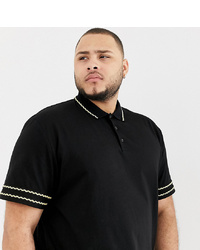 ASOS DESIGN Plus Relaxed Polo Shirt With Contrast Gold Sleeve Taping In Black