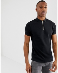 ASOS DESIGN Polo In Waffle With Zip Neck In Black