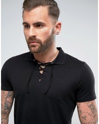 Asos Polo Shirt With Lace Up Neck In Black
