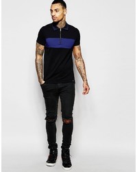 Diesel Polo T Leonardo Slim Fit Pique Chest Panel And Contrast Collar In Black
