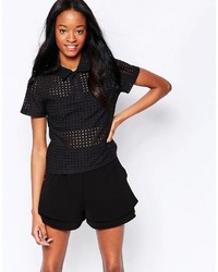 Daisy Street Polo Top In Perforated Fabric