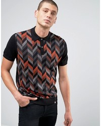 Pretty Green Knitted Polo With Pattern Front In Slim Fit Black