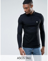 Asos Tall Pique Long Sleeve Muscle Polo In Black