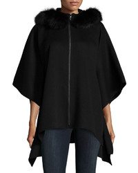 Neiman Marcus Cashmere Collection Fur Trim Hooded Cashmere Zip Poncho