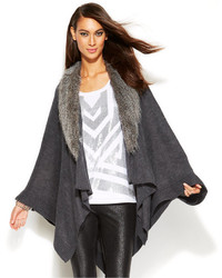 INC International Concepts Faux Fur Collar Poncho Sweater