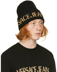 VERSACE JEANS COUTURE Black Gold Logo Beanie