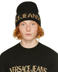 VERSACE JEANS COUTURE Black Gold Logo Beanie