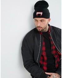 Asos Halloween Beanie In Black With Fang Embroidery