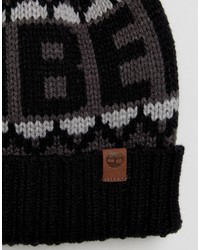 Timberland Large Logo Bobble Beanie In Blackgray