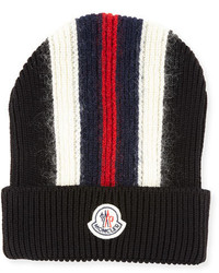 Moncler Wool Blend Striped Logo Beanie Hat