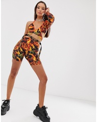 Go Guy Goguy Festival Legging Shorts With Clip Cut Out Waistband In Flame Print