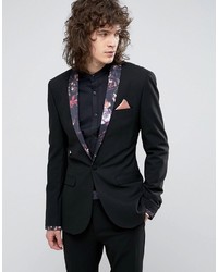 Asos Super Skinny Tuxedo Suit Jacket In Black With Floral Print Lapel