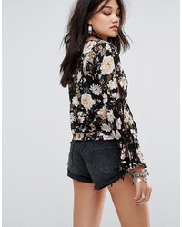 Glamorous Long Sleeve Floral Print Top With Tie Arm Detail