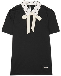 Miu Miu Printed Silk Trimmed Cotton Jersey Top Black
