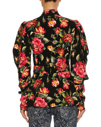 Dolce & Gabbana Rose Print Cady Tie Neck Blouse Black