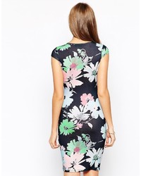 Club L Cap Sleeve Body Conscious Dress In Watercolour Floral Print