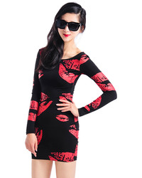 Choies Black Bodycon Long Sleeves Dress With Lip Print