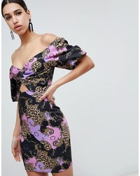Flounce London Printed Off Shoulder Bodycon Midi Dress With Cut Out Front