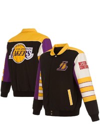 JH DESIGN Black Los Angeles Lakers Stripe Colorblock Nylon Reversible Full Snap Jacket