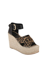 Black Print Calf Hair Wedge Sandals