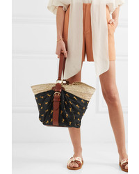 Chloé Panier Med Printed Twill And Woven Raffia Tote