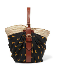 Chloé Panier Med Printed Twill And Woven Raffia Tote