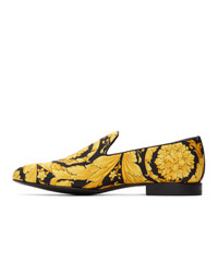 Versace Black And Yellow Silk Barocco Loafers
