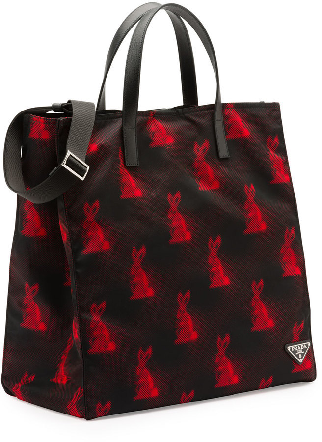 Prada Digital Bunny Print Nylon Tote Bag Blackred, $820 | Neiman