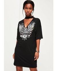 Missguided Black Printed Choker Neck T Shirt Dress