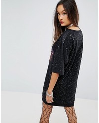 Asos Punk T Shirt Dress With Wolf Print And Embellisht