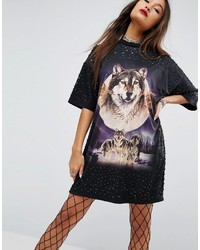 Asos Punk T Shirt Dress With Wolf Print And Embellisht