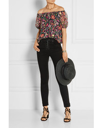 RED Valentino Redvalentino Off The Shoulder Printed Crinkled Silk Chiffon Top Black