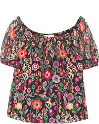 RED Valentino Redvalentino Off The Shoulder Printed Crinkled Silk Chiffon Top Black