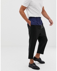 ASOS DESIGN Drop Crotch Tapered Smart Trouser In Black Wool With Techy Cut And Sew