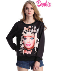 Romwe Barbie Princess Print Long Sleeved Black Sweatshirt