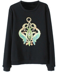Romwe Double Swans Print Black Sweatshirt