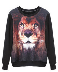 Romwe Lion Head Print Long Sleeved Black Sweatshirt