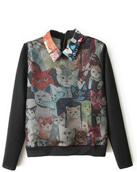 Romwe Multi Cats Print Black Sweatshirt