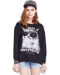 Romwe Treacherous Cat Print Long Sleeve Black Sweatshirt