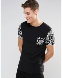Asos Brand Muscle T Shirt In Monochrome Floral Print Sleeves And Pocket