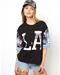 Asos T Shirt With Floral Sleeves And Fringing Black