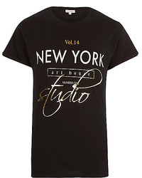 River Island Black New York Foil Print T Shirt