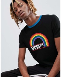 Asos Design Longline T Shirt With Rainbow Print And Contrast Neck