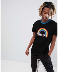 Asos Design Longline T Shirt With Rainbow Print And Contrast Neck