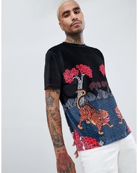 ASOS DESIGN Relaxed T Shirt In Velour With Tiger Souvenir Tree Print
