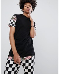 ASOS DESIGN Super Longline T Shirt With Checkerboard Rose Print Hem Extender